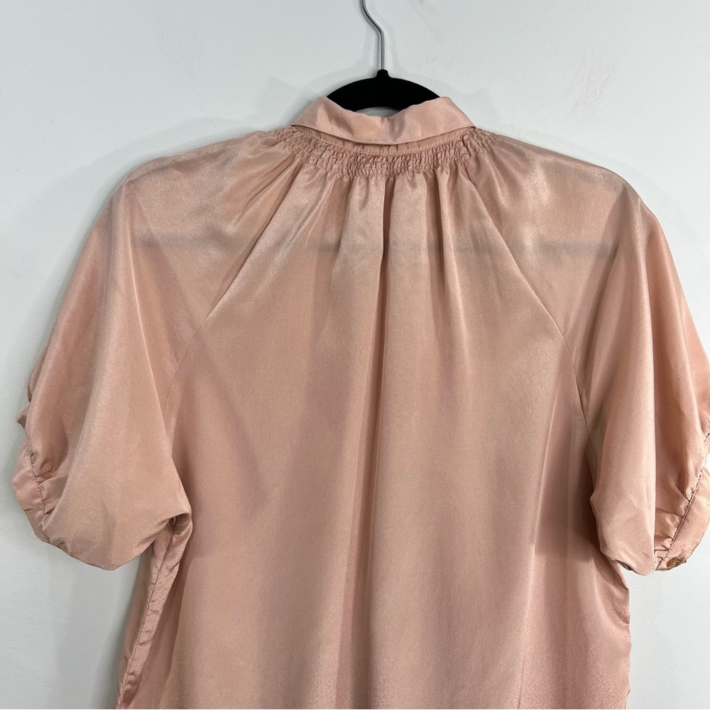 Vintage blush pink silky short puff sleeve smocked old money blouse S - Picture 7 of 13